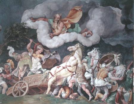 Achilles dragging the body of Hector round on his chariot, detail from the ceiling of the Sala di Tr from Giulio Romano