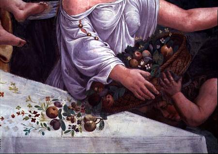 A basket of fruit and flowers, detail of the rustic banquet celebrating the marriage of Cupid and Ps from Giulio Romano