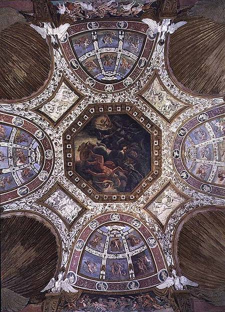 Camera delle Aquile, ceiling with the Fall of Icarus in the central panel surrounded by stucco decor from Giulio Romano