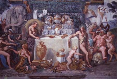 The noble banquet celebrating the marriage of Cupid and Psyche, detail showing Dionysius and Silenus from Giulio Romano