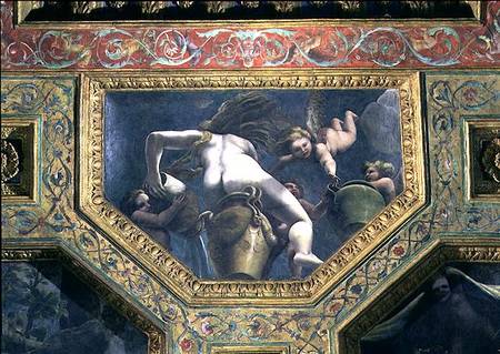 A nymph pouring water from an urn aided by putti, ceiling caisson from the Sala di Amore e Psiche from Giulio Romano