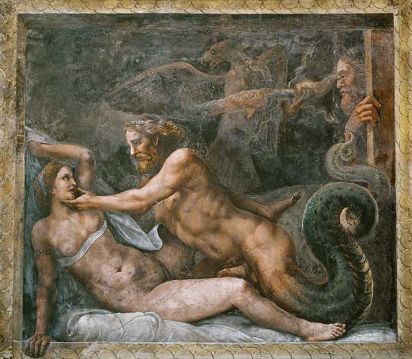 Olympia is seduced by Jupiter, whose thunderbolt is seized by an eagle who drills the eye of the jea from Giulio Romano