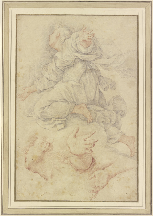 Studienblatt: Kniender Engel auf Wolken mit fliegendem Gewand, darunter eine Wiederholung des Kopfes from Giuseppe Bartolomeo Chiari
