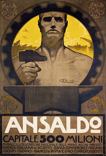 Worker with hammer and anvil, poster of Ansaldo of Genoa for the subscription of new shares from Giuseppe Palanti