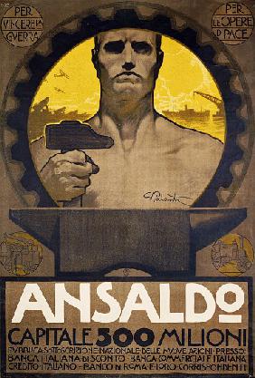 Worker with hammer and anvil, poster of Ansaldo of Genoa for the subscription of new shares