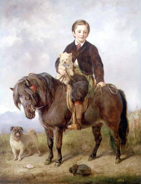 John Samuel Bradford as a boy seated on a shetland pony with a pug dog from Gourlay Steell