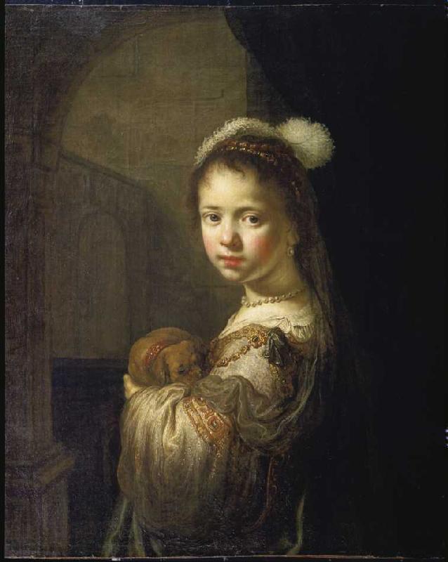 Mädchen mit kleinem Hund im Arm. from Govaert Flinck