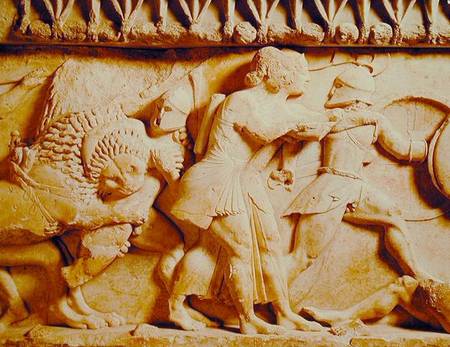 Detail of the north frieze of the Siphnian Treasury depicting gods fighting giants from Greek