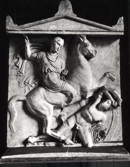 Funerary stele of Dexileos (d.394 BC) depicting him on his horse about to strike at the enemy from Greek School
