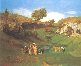Die Dorfmädchen geben einer Kuhhirtin ein Almosen in einem Tal nahe bei Ornans