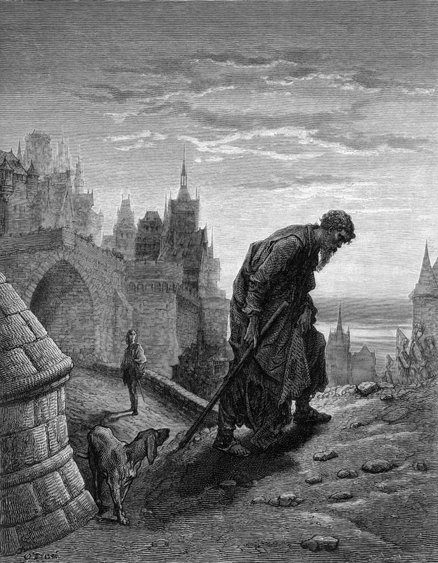 The Mariner, having finished his story, turns to leave, while his listener, the wedding guest gazes  from Gustave Doré