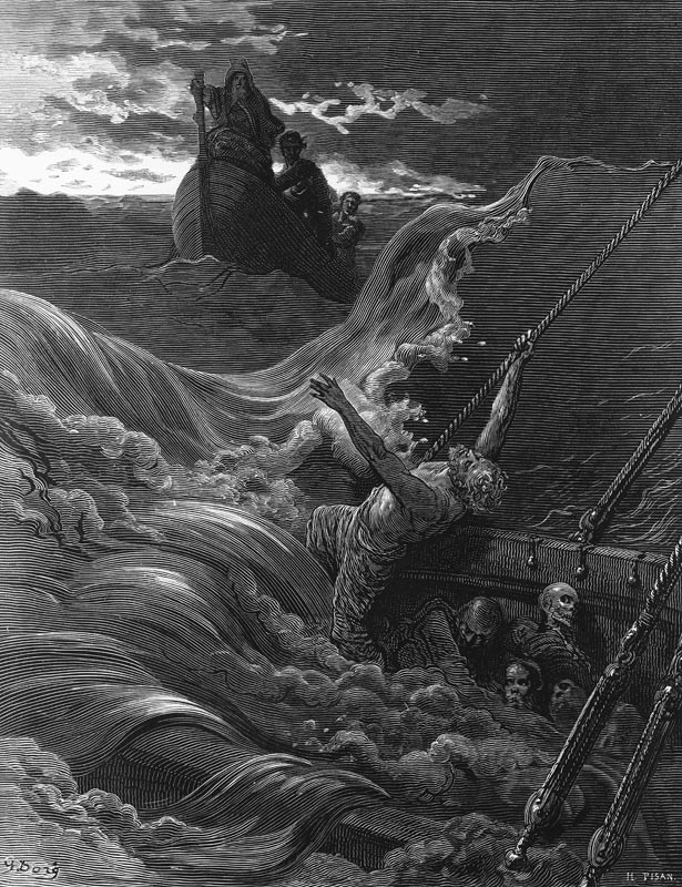 The mariner, as his ship is sinking, sees the boat with the Hermit and Pilot, scene from ''The Rime  from Gustave Doré