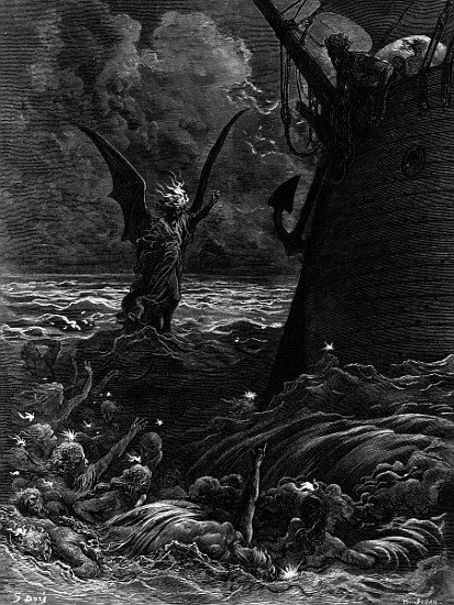 Death-fires dancing around the becalmed ship, scene from ''The Rime of the Ancient Mariner'' S.T. Co from Gustave Doré