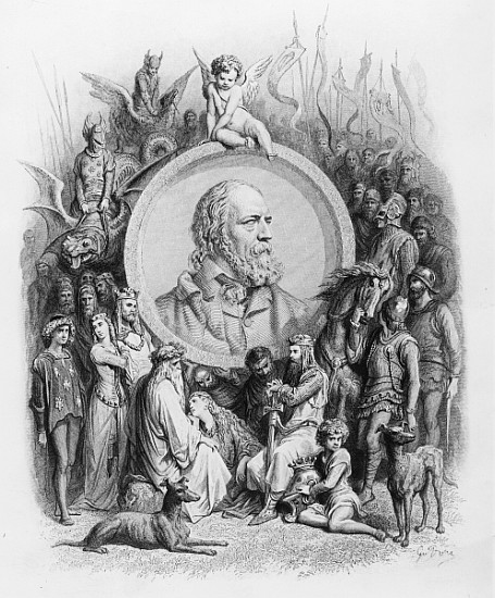 Frontispiece to ''Idylls of the King'' with a portrait of Alfred, Lord Tennyson from Gustave Doré