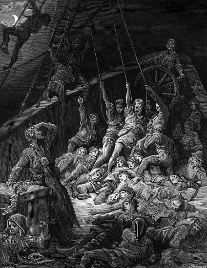 The dead sailors rise up and start to work the ropes of the ship so that it begins to move, scene fr from Gustave Doré