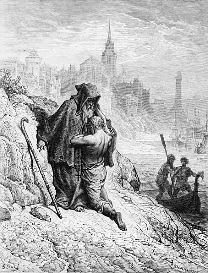 The Mariner begs the Hermit to give him absolution from his sin, scene from ''The Rime of the Ancien from Gustave Doré