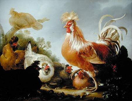 Cockerel and hens in a landscape from Gysbert Hondecoeter