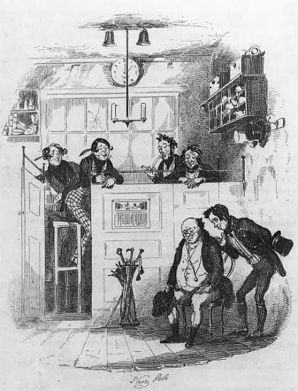 Mr. Pickwick and Sam in the attorney''s office, illustration from ''The Pickwick Papers'' Charles Di from Hablot Knight (Phiz) Browne