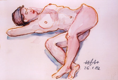 Auf den Schultern und dem rechten angewinkelten Bein liegender weiblicher Akt, Hände unter dem... from Hajo Horstmann