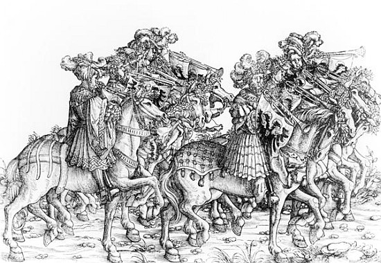 A group of mounted trumpeters, from ''Maximilian''s Triumphal Procession'', c.1516-18 from Hans Burgkmair