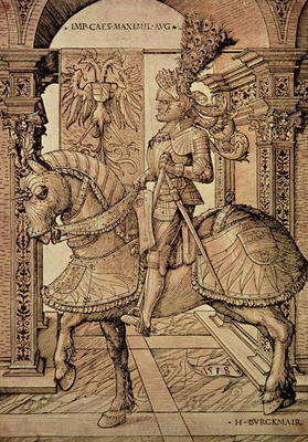 Emperor Maximilian I riding a horse, 1518 (engraving) from Hans Burgkmair