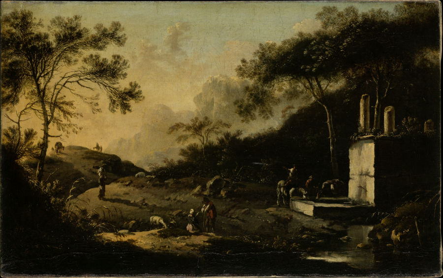 Italienische Berglandschaft mit Reisenden an einem Brunnen from Hans de Jode