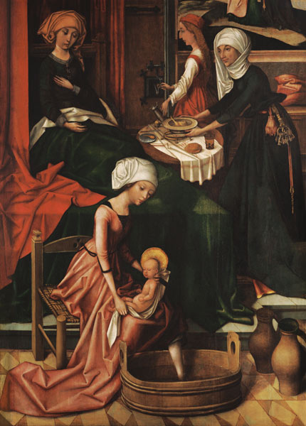Geburt Mariae Weingartner Altar im Dom zu Augsburg Detail Das erste Bad. from Hans Holbein d.Ä.