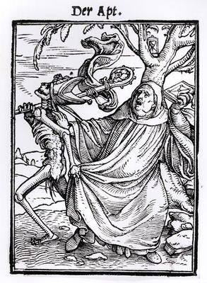Death and the Abbot, from 'The Dance of Death', engraved by Hans Lutzelburger, c.1538 (woodcut) (b/w from Hans Holbein d.J.