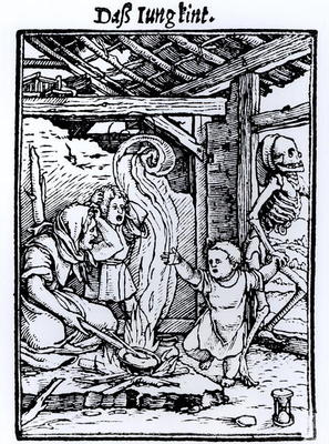 Death Taking a Child, from the 'Dance of Death' series, engraved by Hans Lutzelburger, c.1526-8 (woo from Hans Holbein d.J.