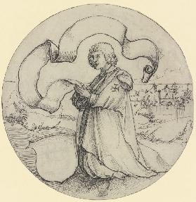 Kniender Johanniter in einer Landschaft mit Spruchband und Wappenschild