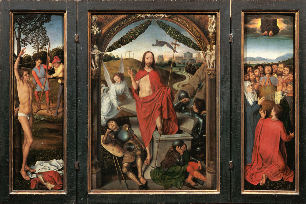 Auferstehungsaltar, Triptychon (hl. Sebastian, Auferstehung, Himmelfahrt) from Hans Memling