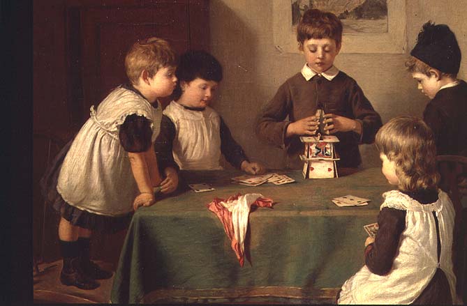 A Critical Moment, detail of children building a house of cards, 1889  from Harry Brooker