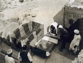 Moving the centre portion of one of the beds or couches from the Tomb of Tutankhamun, Valley of the 