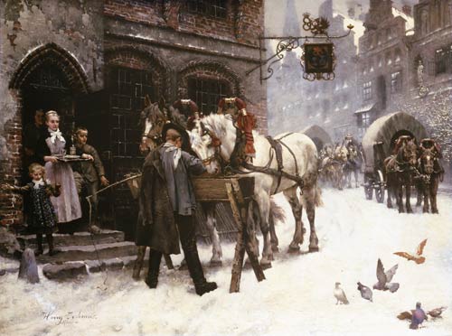 Pferdefüttern vor einem Gasthof im Winter from Harry Jochmus