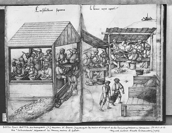 Silver mine of La Croix-aux-Mines, Lorraine, fol.15v and fol.16r, miners sorting the ore out, c.1530 from Heinrich Gross or Groff