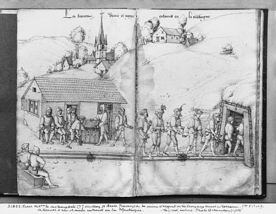 Silver mine of La Croix-aux-Mines, Lorraine, fol.8v and fol.9r, miners entering the mine, c.1530 from Heinrich Gross or Groff