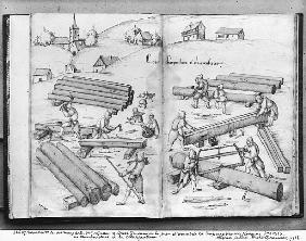 Silver mine of La Croix-aux-Mines, Lorraine, fol.2v and fol.3r, carpenters and carpentry, c.1530