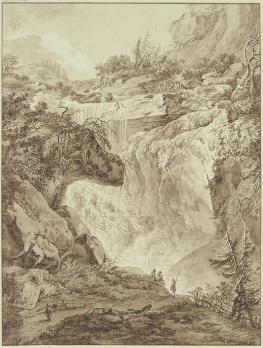Wasserfall in einer Gebirgsschlucht, im Vordergrund vier Angler from Heinrich Wüest