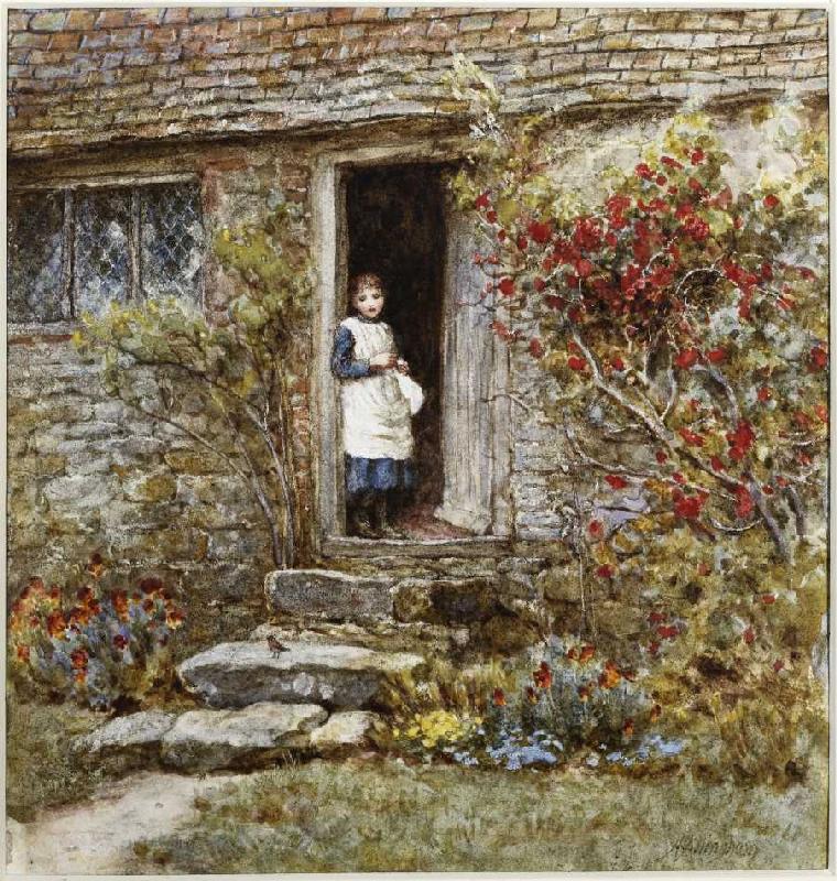Mädchen in der Tür eines Bauernhauses. from Helen Allingham