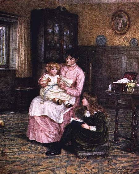 Mother playing with children in an interior from Helen Allingham