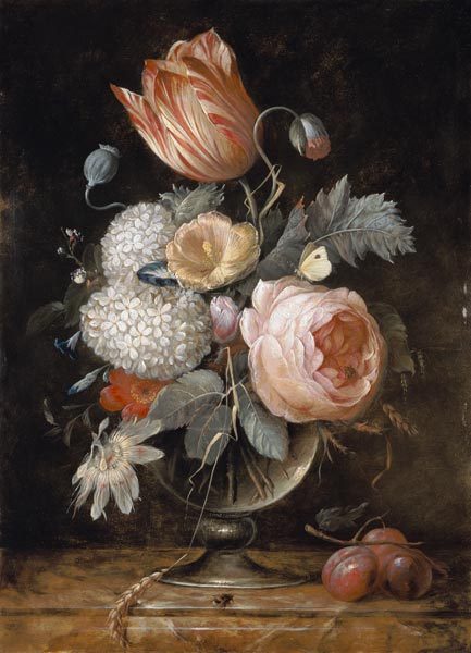 Blumenstrauss in Glasvase mit Insekten und Pflaumen from Hendrik de Fromantiou