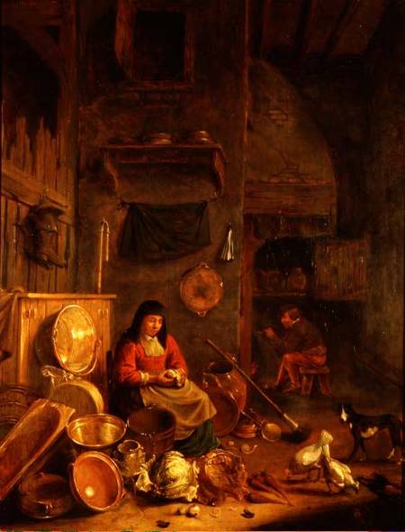 A Kitchen Interior with a Woman Peeling Potatoes beside a Dog, a Man Smoking in front of a Fire beyo from Hendrik Martensz. Sorgh