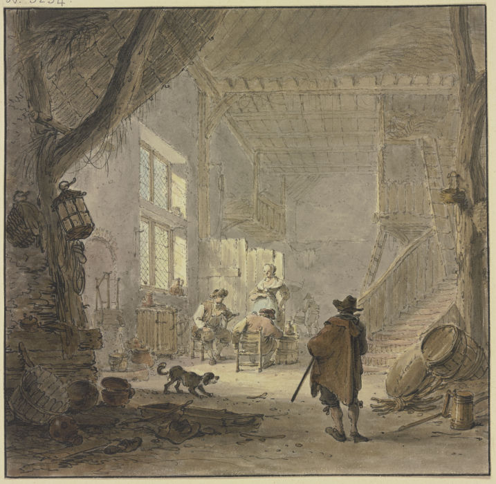 Das Innere eines Hauses, am Fenster zwei Männer und eine Frau, im Vordergrund ein Mann von hinten from Hendrik Meyer