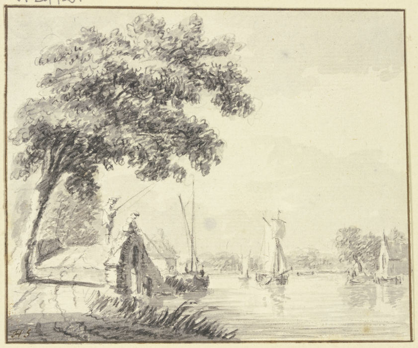 Steinerne Brücke mit zwei Anglern bei einem Fluß from Hendrik Spilman