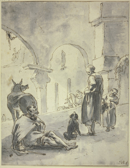 In einer Halle sitzt ein Bettler bei einem Esel, vor ihm eine Frau, ein Kind und ein Hund from Hendrik Verschuring