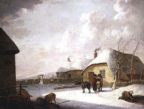 Figures Outside a Cottage in the Snow from Hendrik Willem Schweickardt
