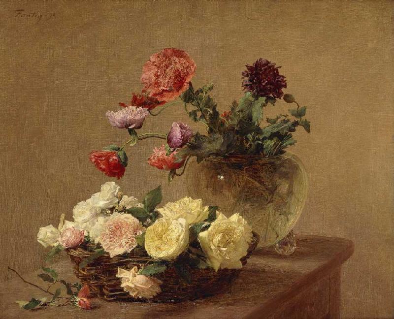 Blumen in Glasvase und Korb mit Rosen from Henri Fantin-Latour