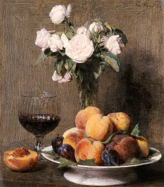 Stillleben mit Rosen, Früchten und einem Weingls from Henri Fantin-Latour