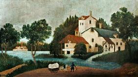 Landschaft mit Wassermühle und Wagen