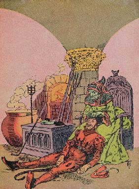 The devils mother pulling the golden hairs from her sons head,illustration for the Grimm fairy tale 